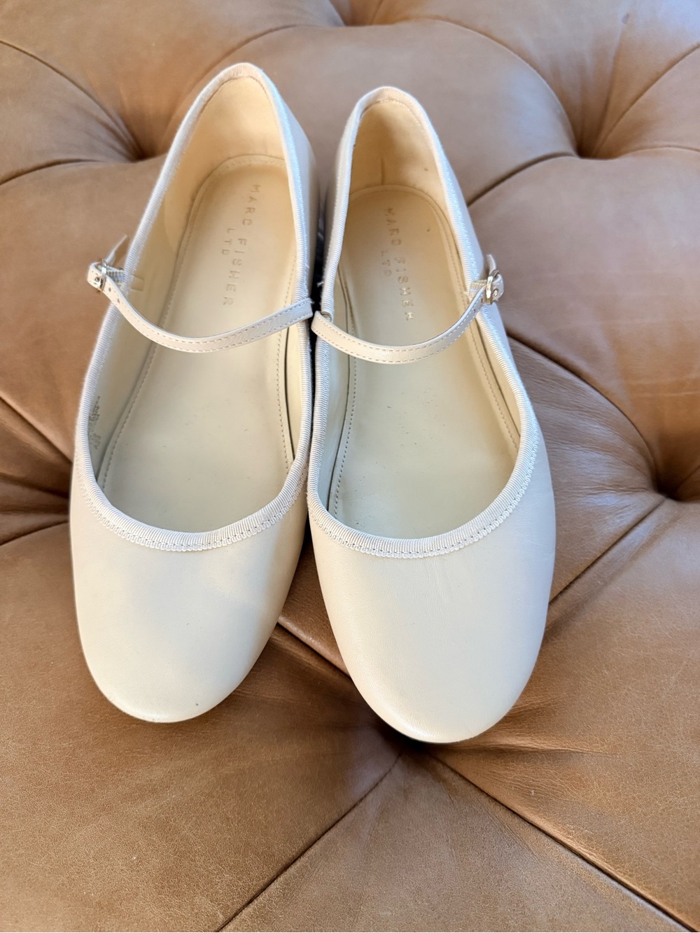 Marc Fisher Off-White Mary Jane Flats with Single Strap